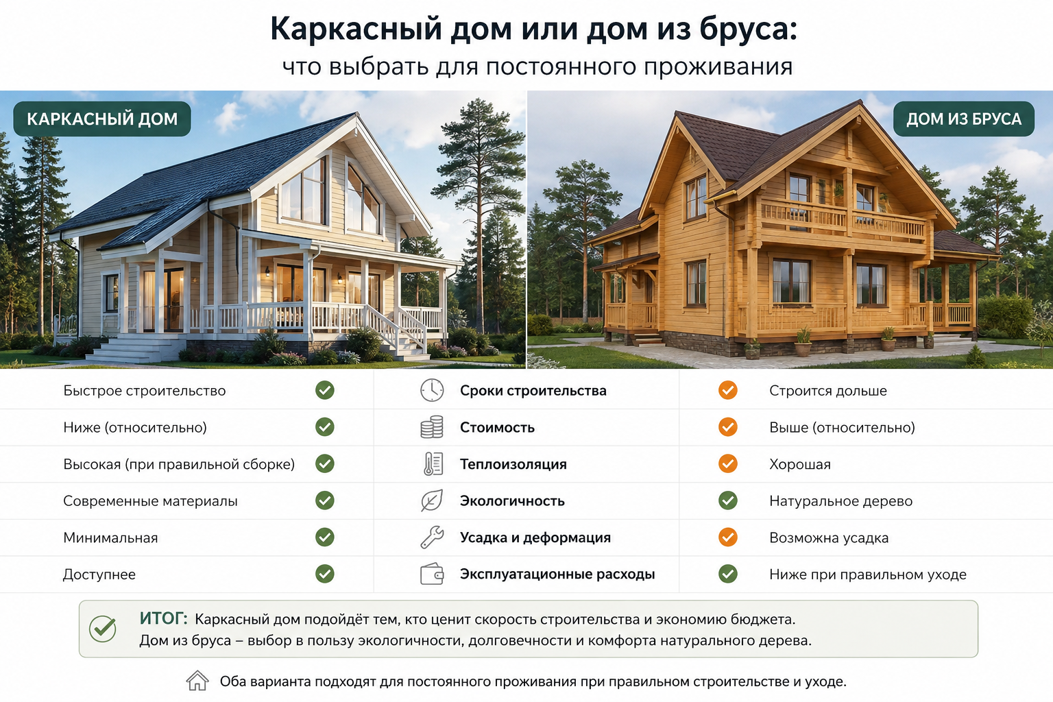 Каркасный дом или дом из бруса: что выбрать для постоянного проживания